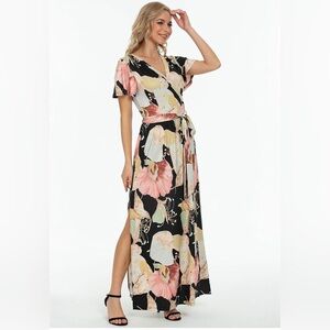 Amazon Kranda Maternity Wrap V Flutter Short Sleeve Floral Maxi Dress with Belt